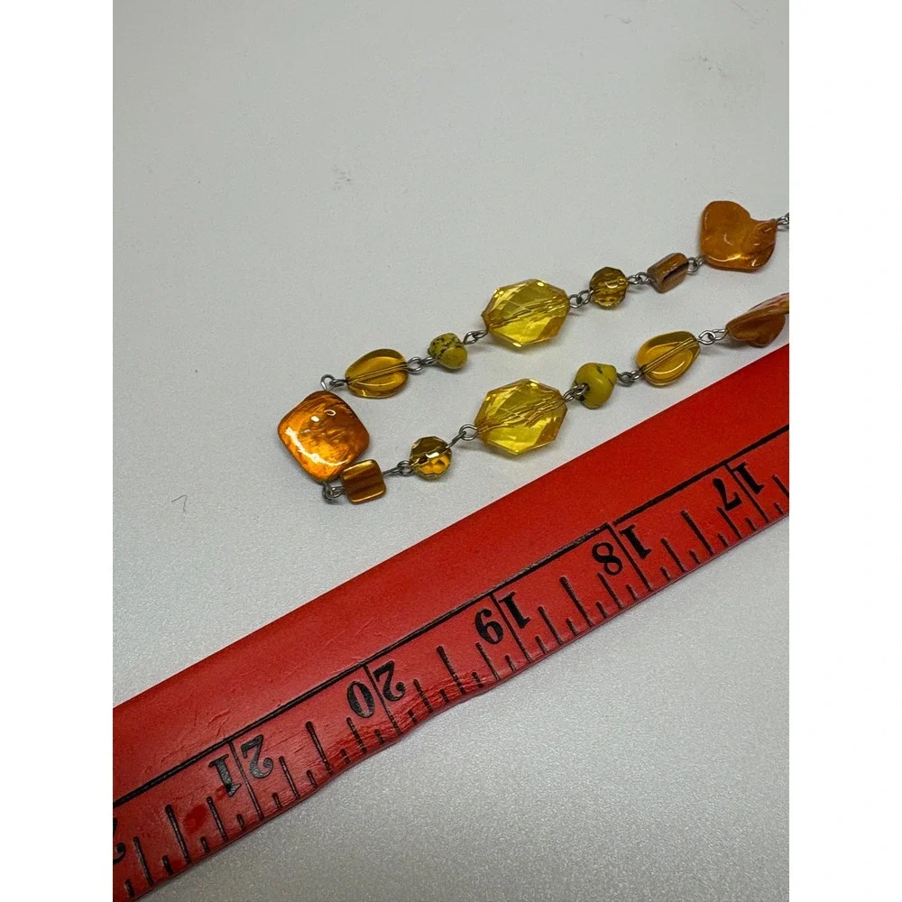 Long Amber Yellow Multi Shape Bead Station Necklace Silver Tone Adjustable